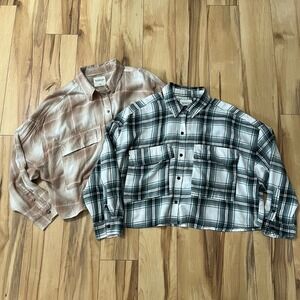 Abercrombie & Fitch Women Sz M Oversized Crop Soft AF Flannel Tan, Blue Lot Of 2